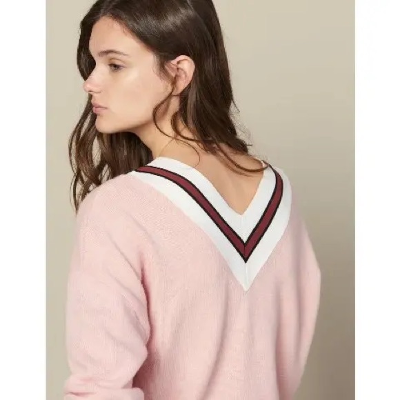 Sandro Pink Contrast Panel Striped V-Neck Sweater Red White Wool Blend Size XL - Picture 7 of 9